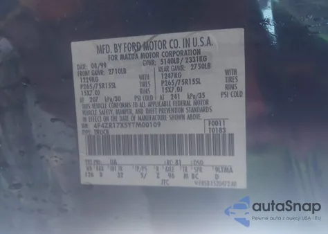 2000 Mazda B4000 Se/Tl z USA, uszkodzony, nr VIN 4F4ZR17X5YTM00109